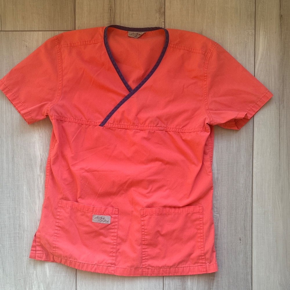 Coral V-Neck Scrub Top with Navy Trim